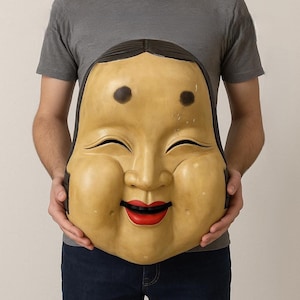 Monumental Hand-Carved Okame Mask – 24x18x6in Solid Wood – 14 lbs / 6.35 kg – Authentic Pre-1950s Japanese Folk Art – Museum Wall Display
