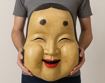 D0557 日本製木製お面 ヴィンテージ サイン入り おかめ おたふく