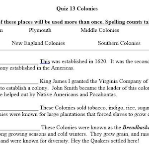 13 Colonies Jamestown-Plymouth Quiz