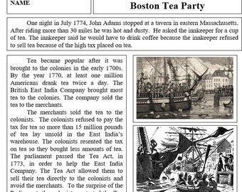 May include: A black and white illustration depicting the Boston Tea Party, a historical event where colonists dumped tea into the harbor to protest British taxation. The image shows ships, people, and the Boston Harbor.