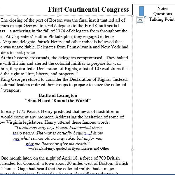 The First Continental Congress Reading Activity