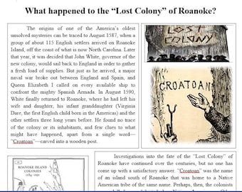 May include: A black and white illustration of a hand pointing to the word "CROATOAN" written on a wooden surface. The word "LOST COLONY" is written on a separate wooden surface above the hand. The illustration is a depiction of the mystery of the Lost Colony of Roanoke.
