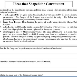 May include: Black and white worksheet with the title "Ideas that Shaped the Constitution". The worksheet lists ideas from the Iroquois, John Locke, and Montesquieu that influenced the US Constitution.