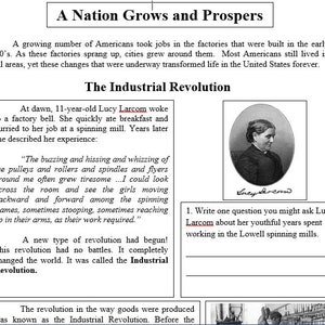 May include: Black and white photo of a young woman, Lucy Larcom, who worked in a spinning mill in the early 1800s. The text describes her experience working in the mill, including the sounds and movements of the machinery. The text also describes the Industrial Revolution, which transformed life in the United States.