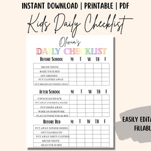 Kids Daily Checklist Template Downloadable Daily Routine for Kids Printable Checklist for Kids ...