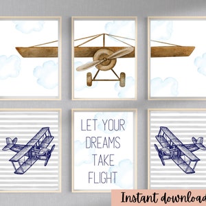 Vintage Plane Nursery Art - Instant Printable Download - Playroom, Boy&#39;s Nursery, Children&#39;s Designs