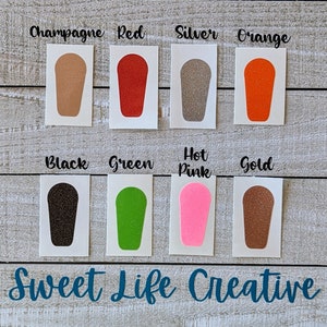 May include: Eight different colored glitter vinyl sheets with the words "Champagne", "Red", "Silver", "Orange", "Black", "Green", "Hot Pink", and "Gold" printed above each sheet.