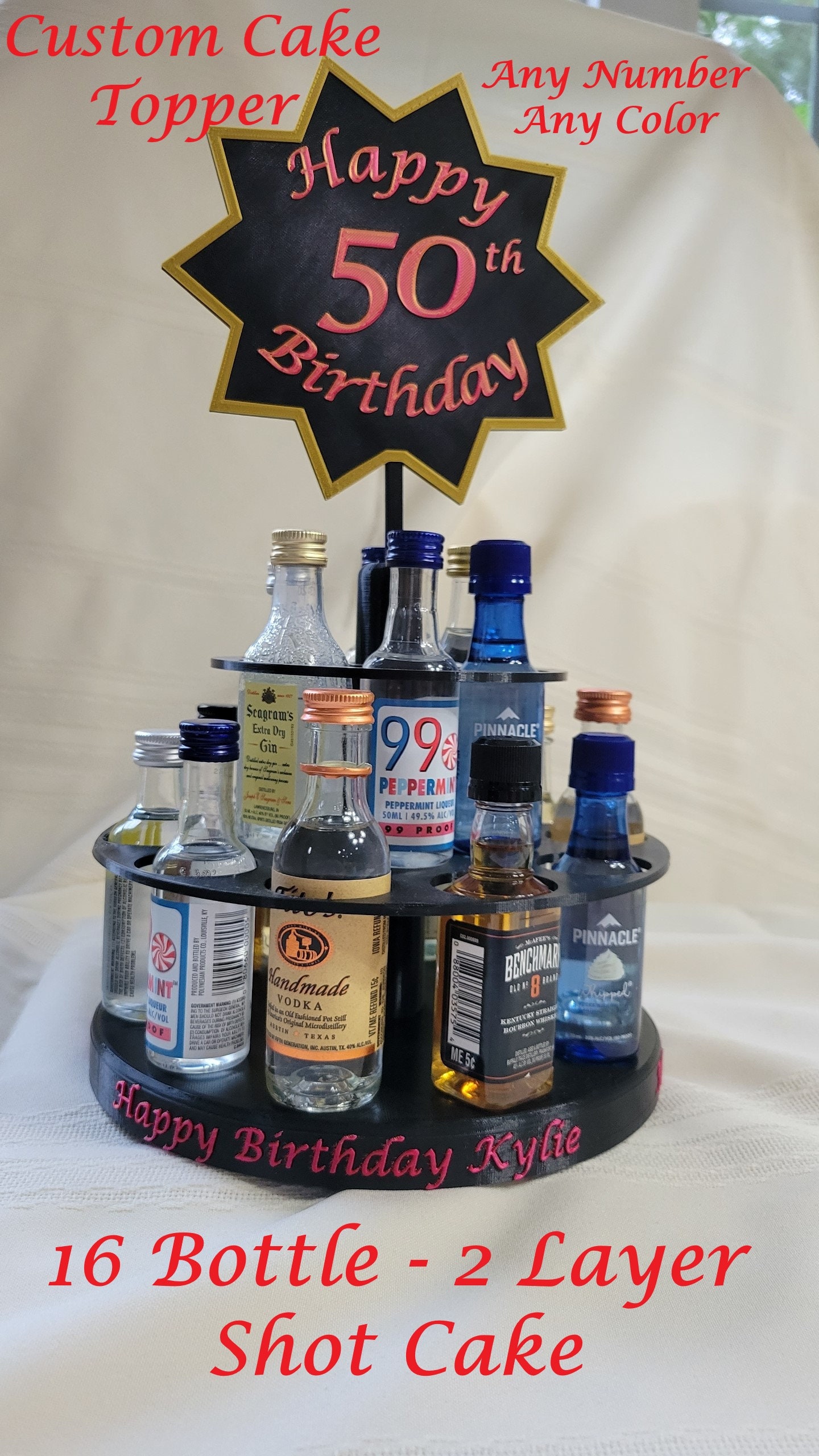 21st Birthday Gift for Her, Cheers to 21 Years Mini Liquor Bottle Stand,  Alcohol Shot Cake Gift for Him, Female 21st Decoration, Centerpiece 