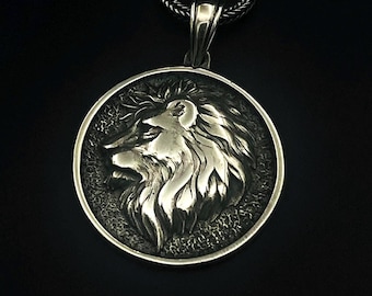 Lion Head Silver Pendant Necklace – 925 Sterling Silver Foxtail Chain, Courage and Strength Medallion, Lion King Pendant Gift for Him or Her