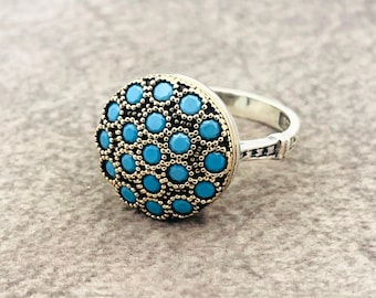 Women Turkish Handmade Ring, Natural Turquoise Gemstone Ring, 925k Sterling Silver, Hammered Ring, Gift for her, Blue Ring, Faceted Ring