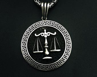 925 Sterling Silver Libra Pendant Necklace – Handmade Justice Symbol Medallion, Byzantine Chain, Zodiac Jewelry Gift for Him or Her