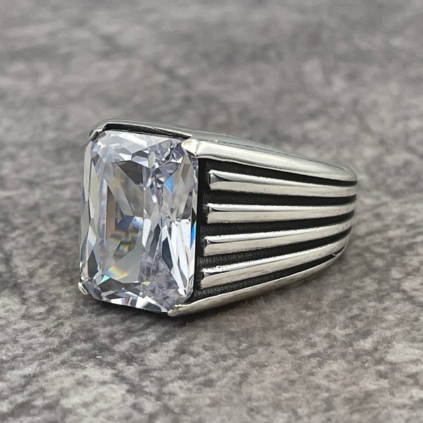 Zircon Stone Silver Men Ring, Minimal Ring, Turkish Handmade Ring, 925k Sterling Silver Men, Gift for him, White Gemstone Ring, Mens Jewelry