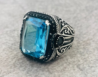 Men's Blue Aquamarine Stone Silver Ring, 925k Sterling Sealed Silver Ring, Blue Square Men Ring, Handmade Ring, Men Jewelry, Gift for Men's