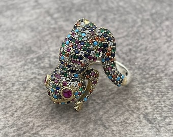 Women Silver Frog Ring, Multicolor Stone Ring, Animal Ring, Handmade Ring, Frog Figured Ring, Authentic Ring, Gift for her , Animal Jewelry