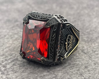 Men Ruby Stone Silver Ring, Square Red Ruby Men Ring, 925k Sterling Silver Ring, Turkish Handmade Ring, Solid Silver Ring, Gift for Men Ring