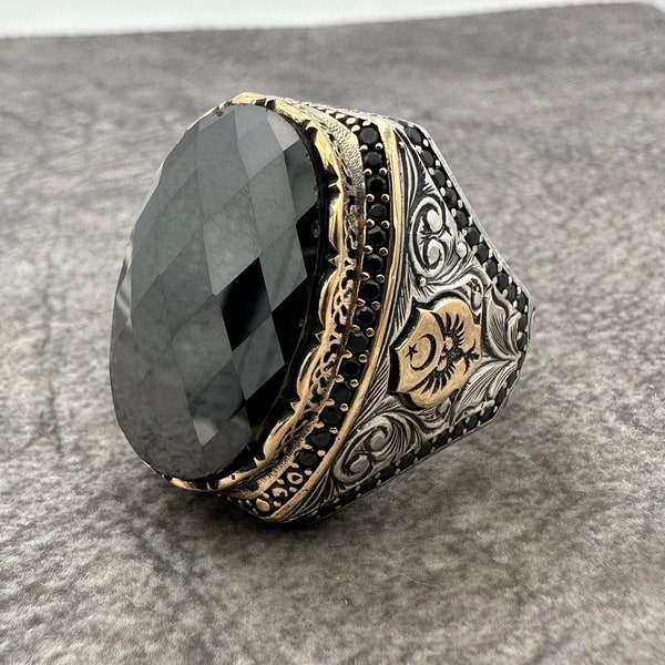 Mens Black Onyx Stone Ring, Ottoman Sign Style Ring, Turkish Handmade Silver Ring, 925k Sterling Silver Gift, Gift for Men, Unique Ring