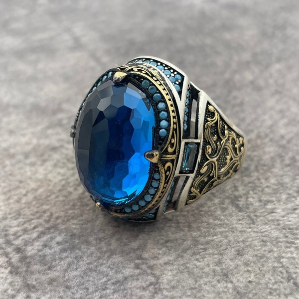 Bague en argent en pierre aigue-marine pour hommes, bague en argent sterling 925k, bague pour hommes faite à la main, bague ovale pour hommes bleus, cadeau pour bijoux, bague de déclaration