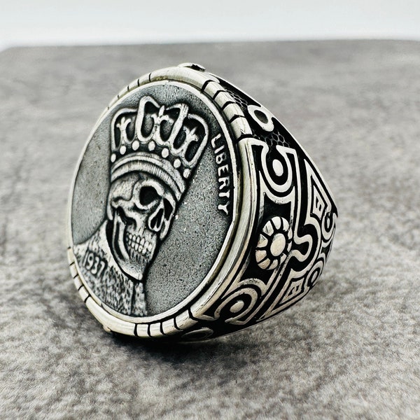 1937 Liberty Silver Ring, Chevalière Skull Ring, 925 Sterling Silver Mens Ring, Skeleton Gothic Ring, vintage Handmade Ring, Cadeau pour lui Bijoux