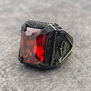 Men Ruby Stone Silver Ring, Square Red Ruby Men Ring, 925k Sterling Silver Ring, Turkish Handmade Ring, Solid Silver Ring, Gift for Men Ring