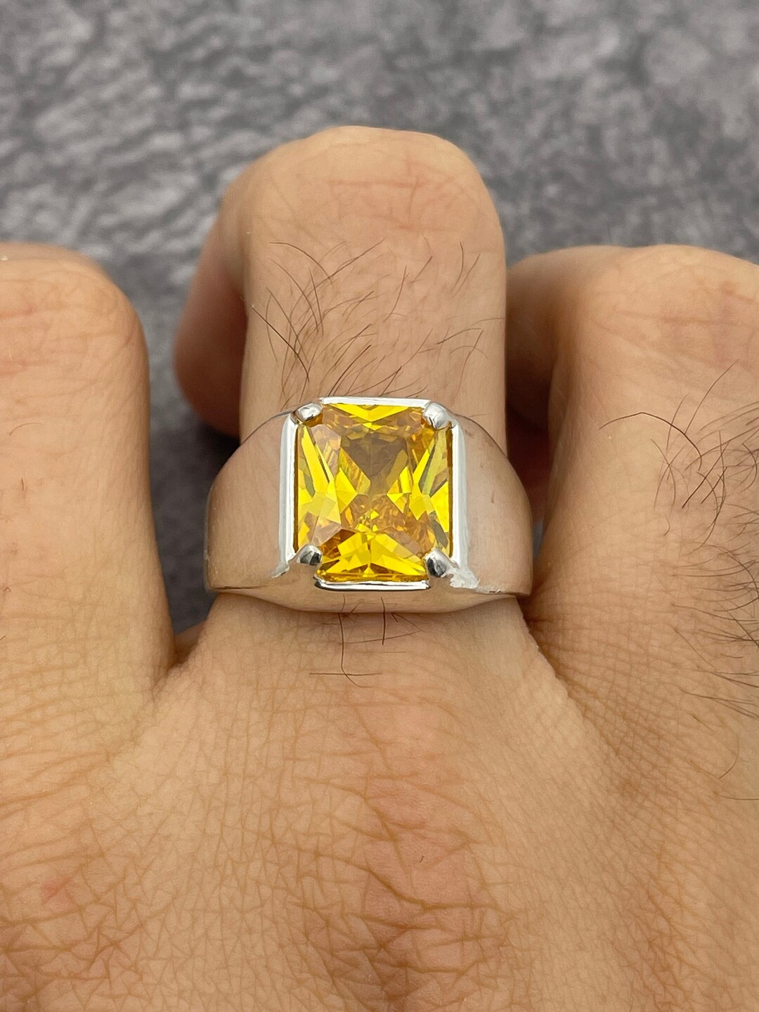 Yellow Citrine Stone Mens Ring, 925k Sterling Silver, Square Yellow ...