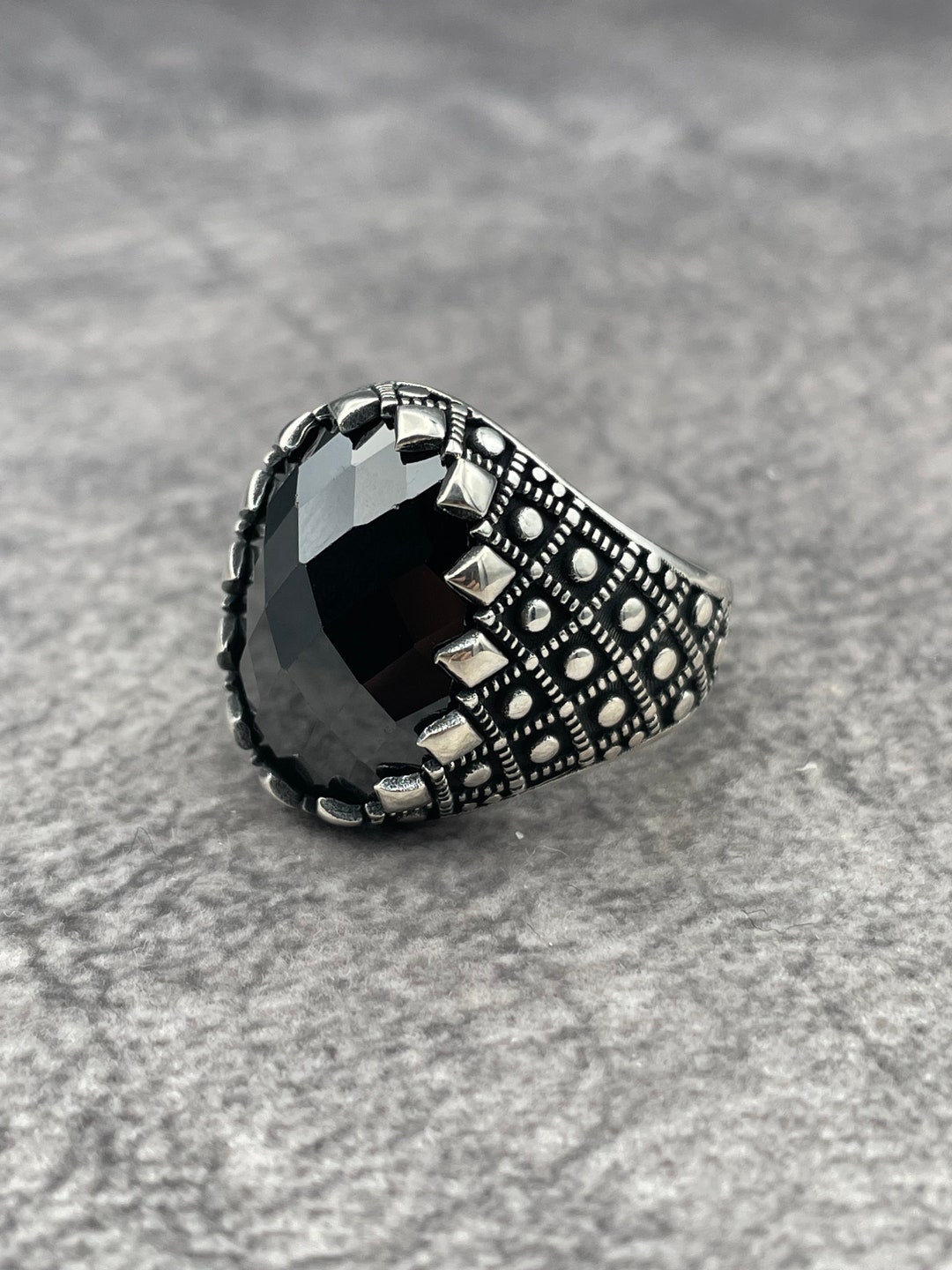 Mens Black Zircon Ring, Oval Zircon Stone Ring, Turkish Handmade Silver