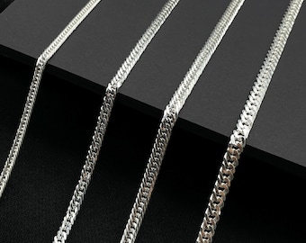 925 Sterling Silver Flat Cuban Link Chain Necklace, Miami Curb Chain for Men, Hip Hop Silver Jewelry, Birthday Gift for Him Real Solid Chain