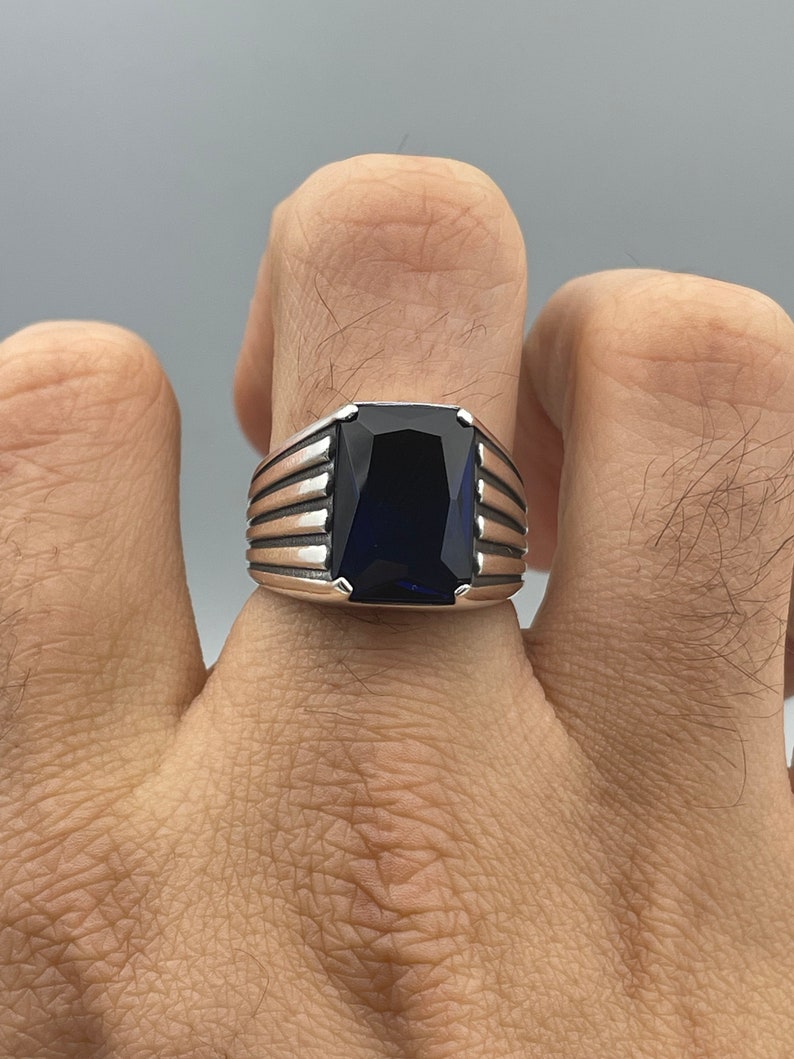Mens Blue Sapphire Stone Silver Ring Handmade Silver Ring Etsy