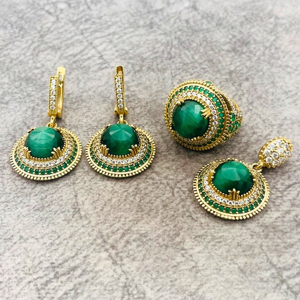 Parure de malachite faite main pour femme, parure authentique, bague en malachite, boucles d'oreilles et pendentif, parure de bijoux pour femme en argent sterling 925, cadeau pour elle