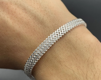 925 Sterling Silver Wheat Chain Bracelet - Handmade Chevron Woven