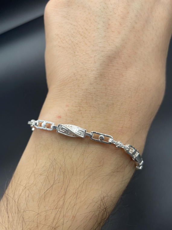 925 Sterling Silver Greek Key Bracelet - Handmade Meander Link