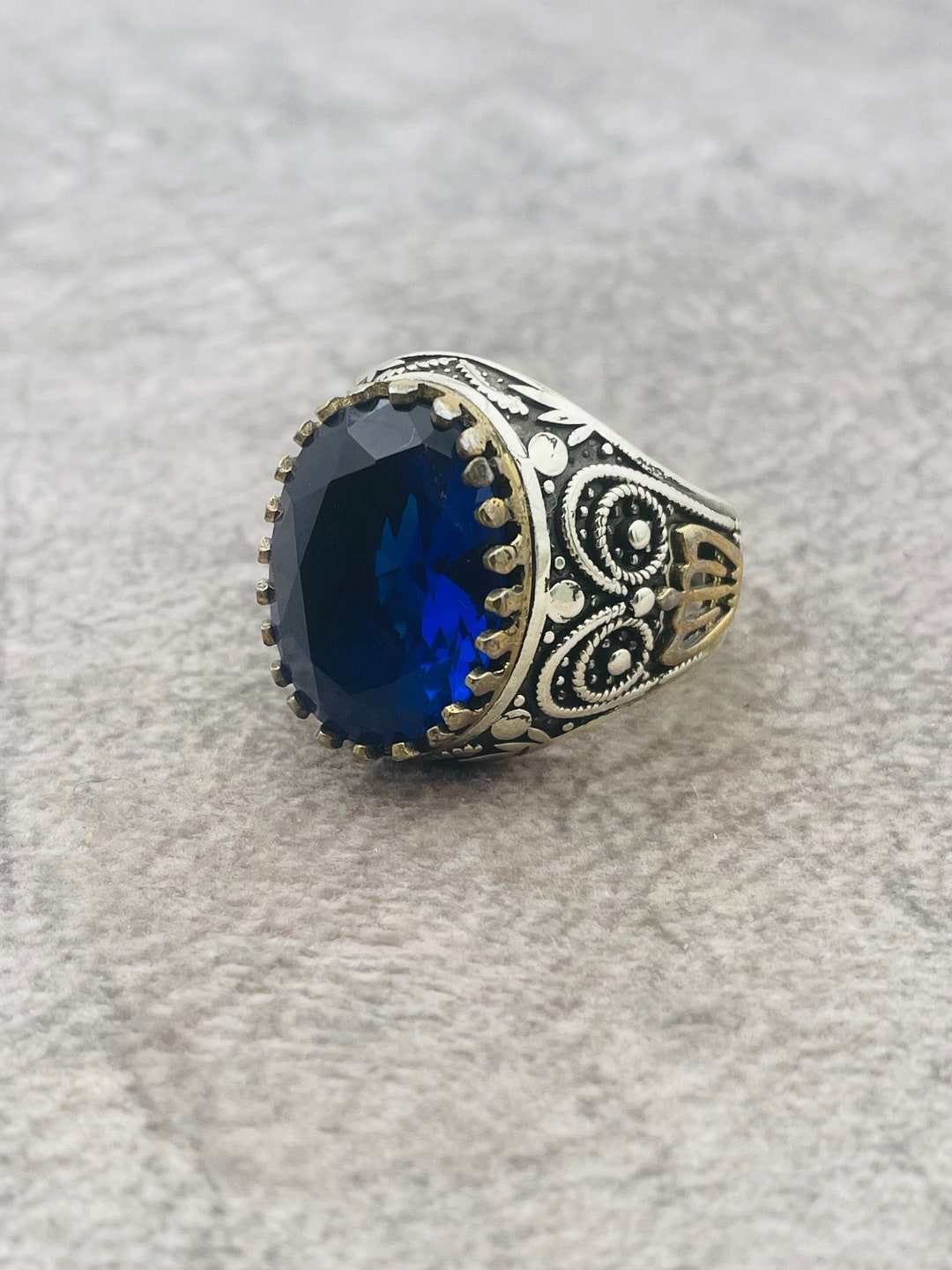 Men Sapphire Silver Ring Blue Stone Man Ring Embroidered Etsy