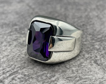 Amethist mannen ring, paarse stenen ring, handgemaakte zilveren ring, Amethist zilveren ring, 925 sterling zilver, mannen sieraden, cadeau voor unieke ring