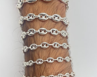 925 Sterling Silver Puffed Mariner Chain Bracelet for Men – Solid Anchor Link Bracelet – Polished Silver Nautical Chain - Italian Style