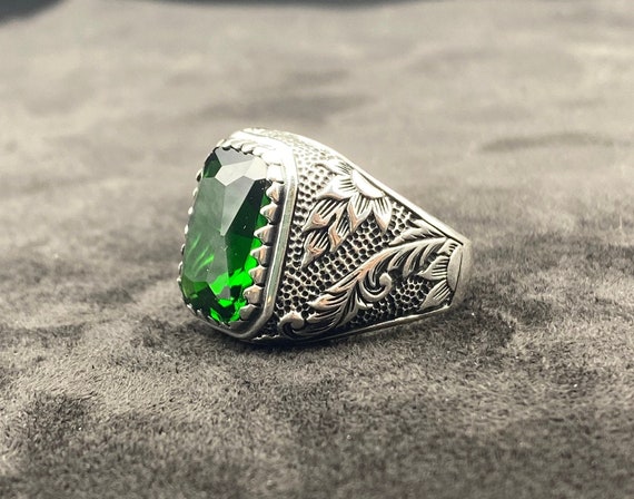 メンズ エメラルド シルバー リング イエロー ストーン リング  