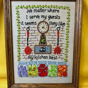Vintage Crewel Embroidered Art Work - Colorful Kitchen Clock & Jars of Vegetables Detail - Like My Kitchen the Best Saying Kitchen Wall Art