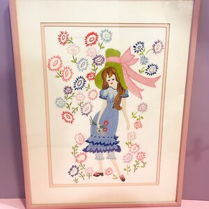 Large Vintage Flower Girl Framed Embroidery Art, Vintage Floral Embroidery Picture, Vintage Girl’s Room Wall Art, Vintage Floral Nursery Art