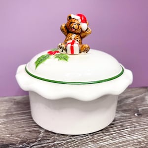 Small Ceramic Christmas Bear Knick Knack Jar, Vintage Christmas Bear Collectible