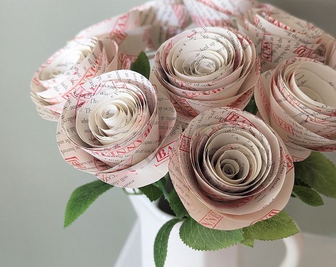Banned Books Bouquet | Long-Stemmed Book Page Flowers Made from Recycled Book Pages | Gift for Readers, Writers, and Book Lovers