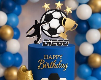 Soccer Cake Topper Decorations – Ball, Trophy, Player Figurines, Blue Theme, Birthday Party Supplies - View #5
