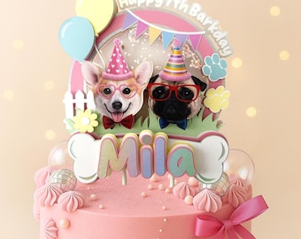 Könnte beinhalten: Ein rosa Geburtstagskuchen mit einer Tortenaufsatz mit zwei Hundegesichtern, die Partyhüte und Brillen tragen. Der Aufsatz enthält den Text "Happy 7th Barkday" und den Namen "Mila". Ballons und eine rosa Schleife schmücken den Kuchen.