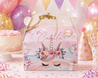 Personalisierte Einhorn Favor Box: Benutzerdefinierte magische Geburtstagsparty Giebel Box