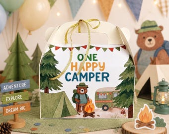Eine glückliche Camper-Gastgeschenkbox, personalisierte Camping-Geburtstagsbox, benutzerdefinierte Giebelbox, glückliches Camper-Gastgeschenk