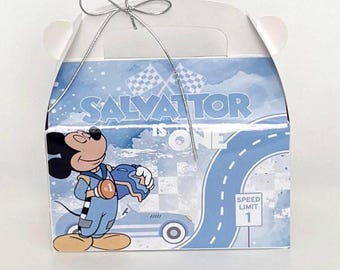 Personalisierte Maus Racer Gable Box: Benutzerdefinierte Party Favor Box für den ersten Geburtstag