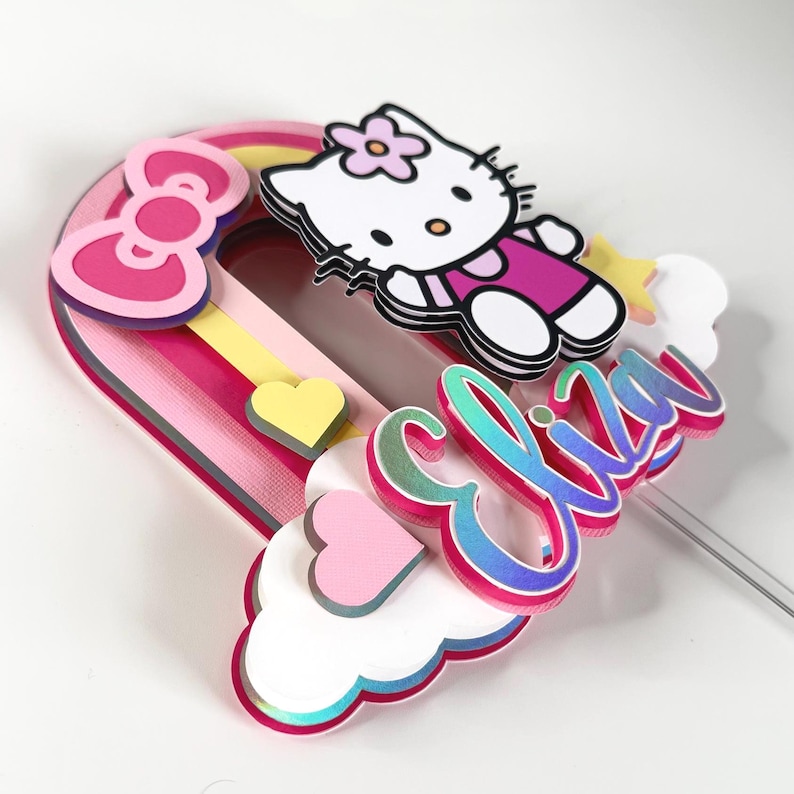Może przedstawiać: Topper na tort w kształcie tęczy w kolorze r&oacute;żowym, ż&oacute;łtym i niebieskim z postacią Hello Kitty w kolorze białym, r&oacute;żową kokardką i imieniem "Eliza" w iryzujących literach.