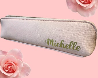 Personalised mini accessories case with gold zip | available in pale pink, pale grey and black with gold writing | perfect pencil case
