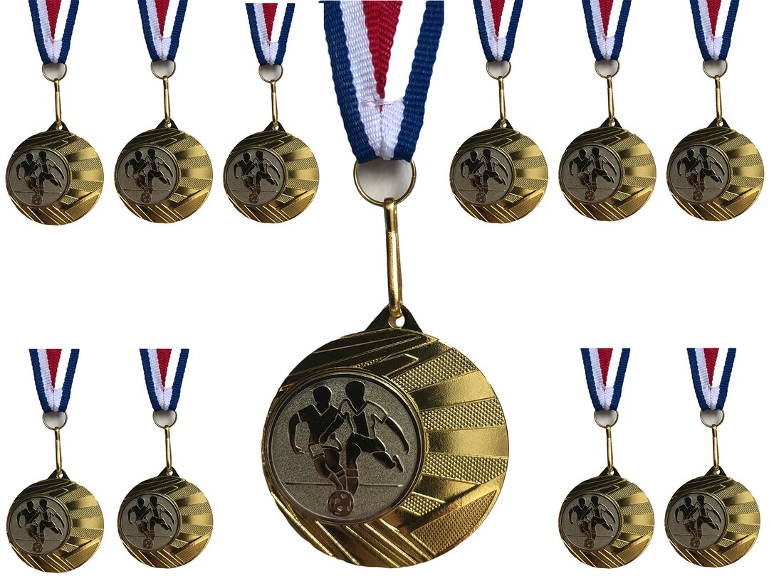 11x Junior Football Medals 40mm Gold Metal With Ribbons