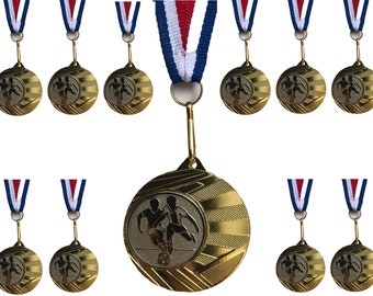 11x Junior Football Medals - 40mm Gold Metal With Ribbons + FREE P&P