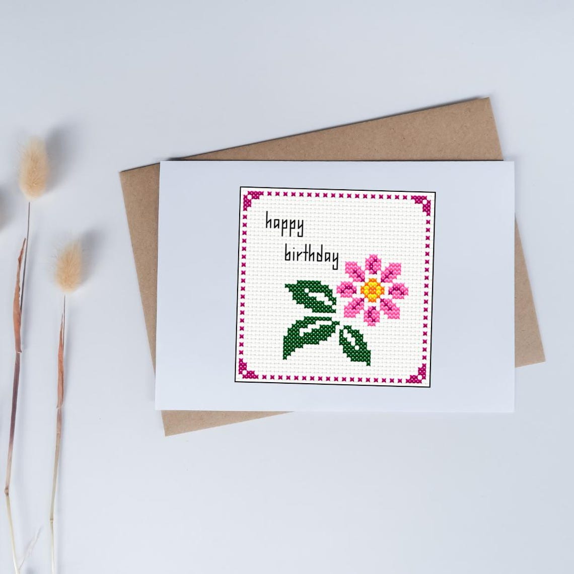 Cross Stitch Birthday Card - Pink Flower PDF Pattern for Mindful ...