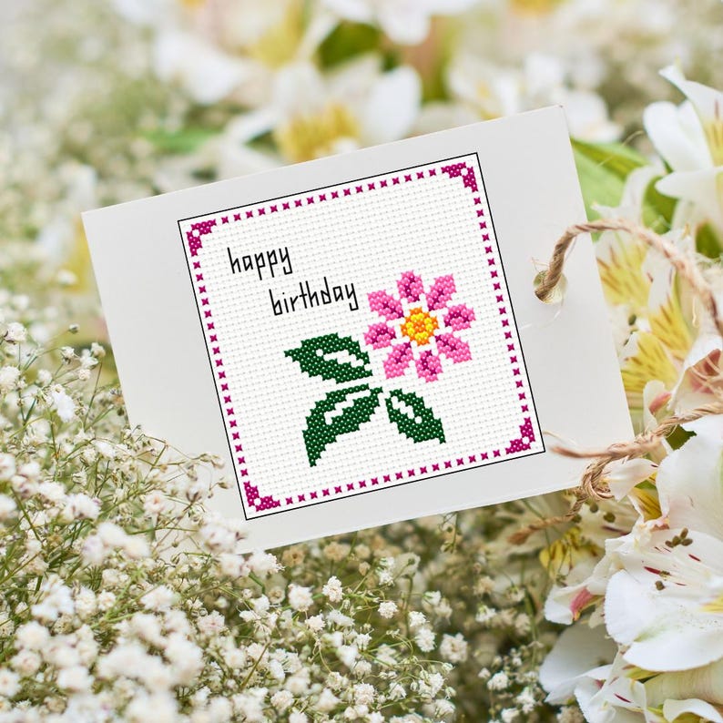 Cross Stitch Birthday Card - Pink Flower PDF Pattern for Mindful ...