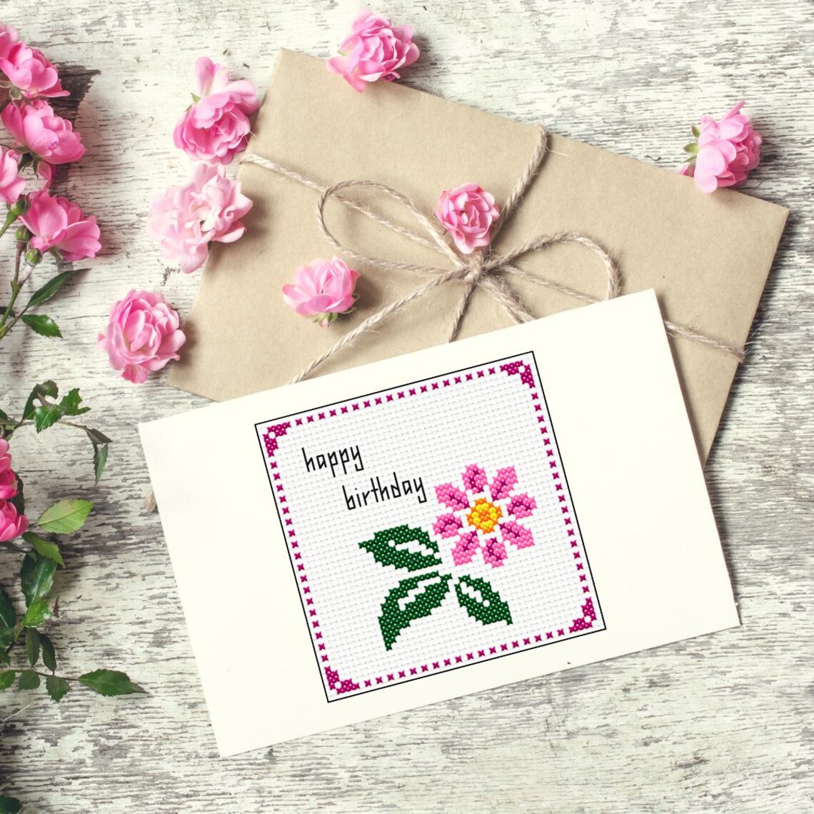 Cross Stitch Birthday Card - Pink Flower PDF Pattern for Mindful ...